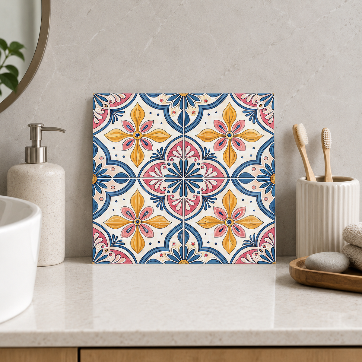 Pink and Yellow Floral Quatrefoils Tile displayed in the bathroom tile mock-up