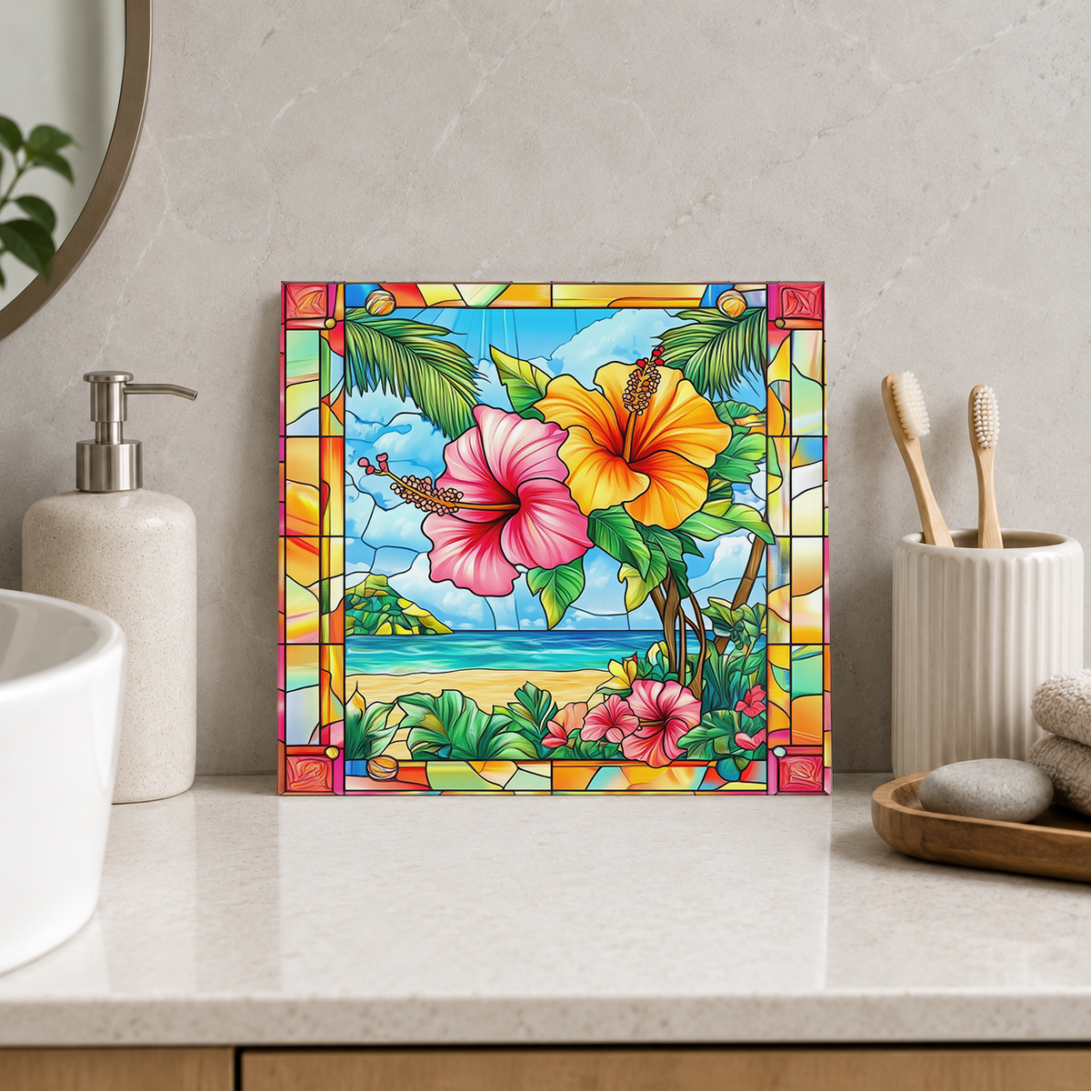 Pink and Yellow Hibiscus above Lagoon Tile displayed in the bathroom tile mock-up