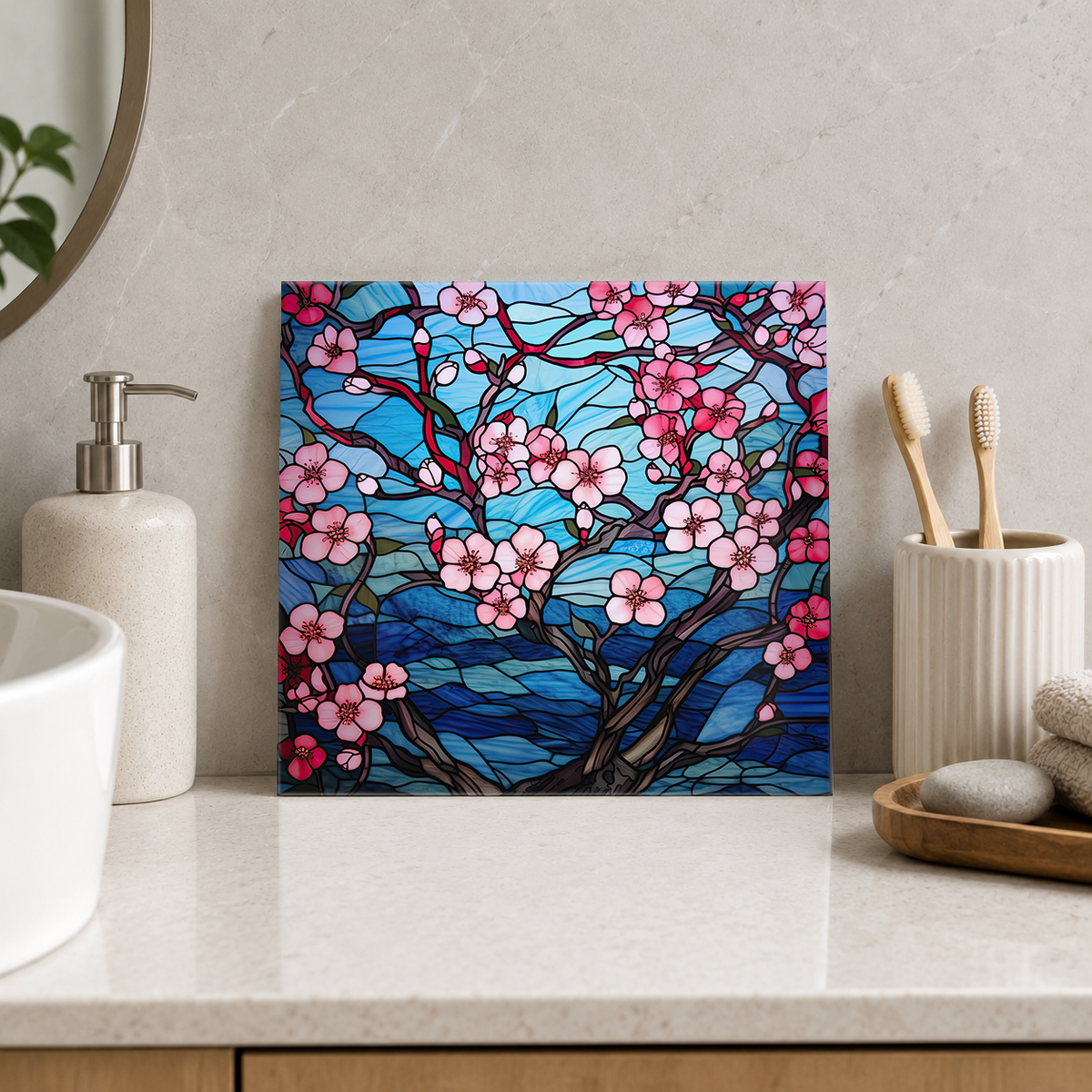 Pink Blossom Tree against Blue Hills Tile displayed in the bathroom tile mock-up