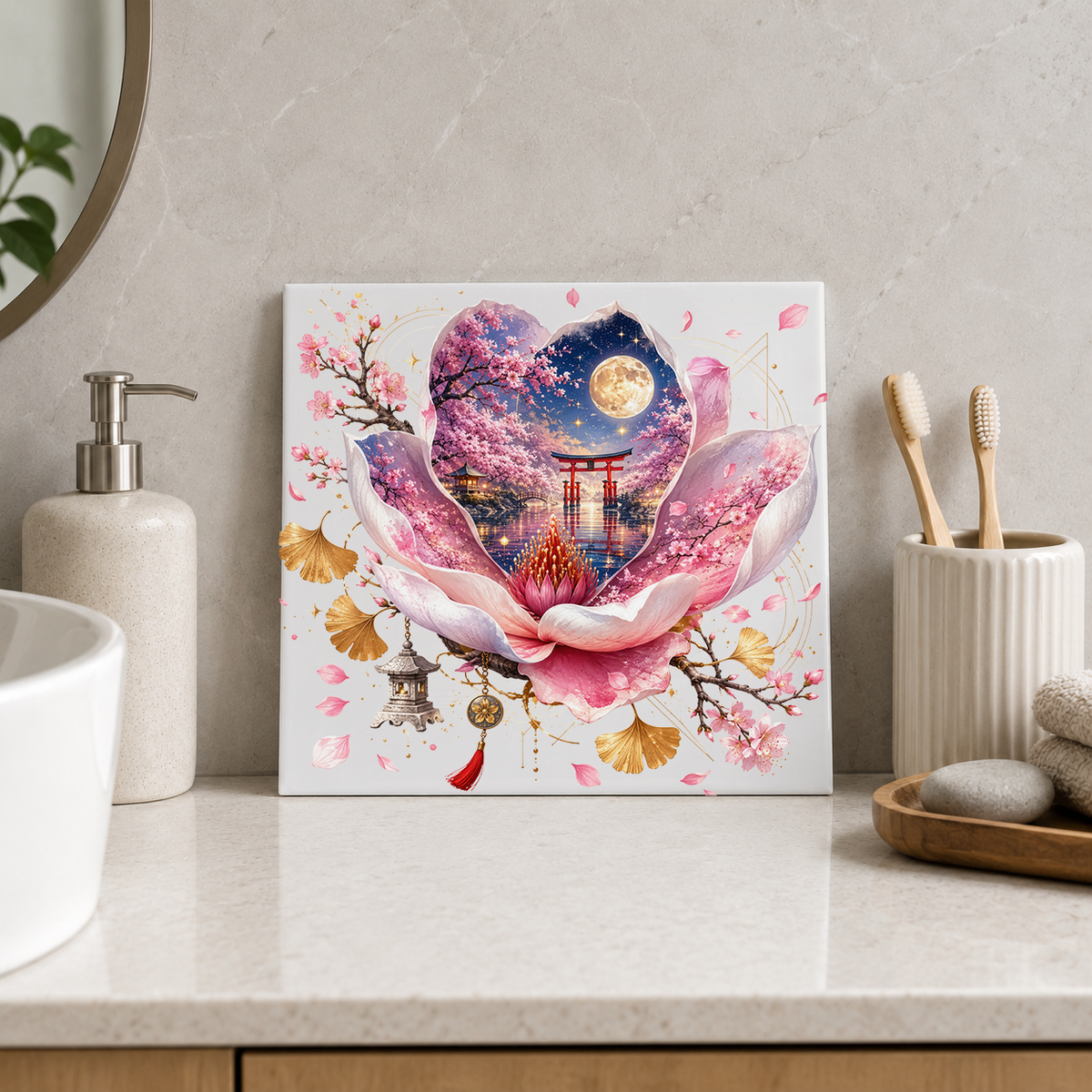 Pink Blossom with Moonlit Japanese Garden Tile displayed in the bathroom tile mock-up