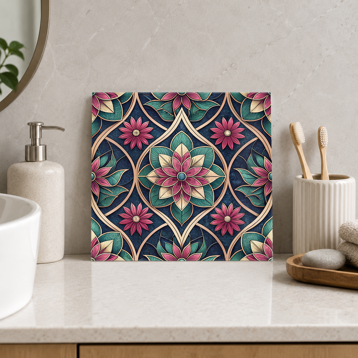 Pink Blossoms on Deep Teal Tile displayed in the bathroom tile mock-up