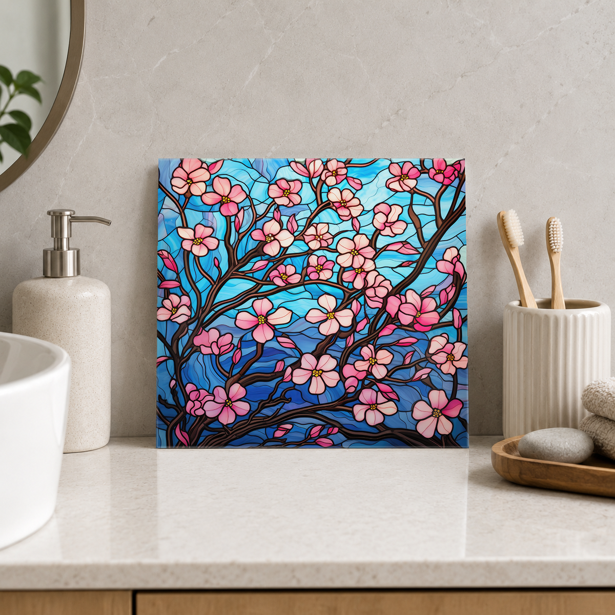 Pink Cherry Blossom Branches on Aqua Tile displayed in the bathroom tile mock-up