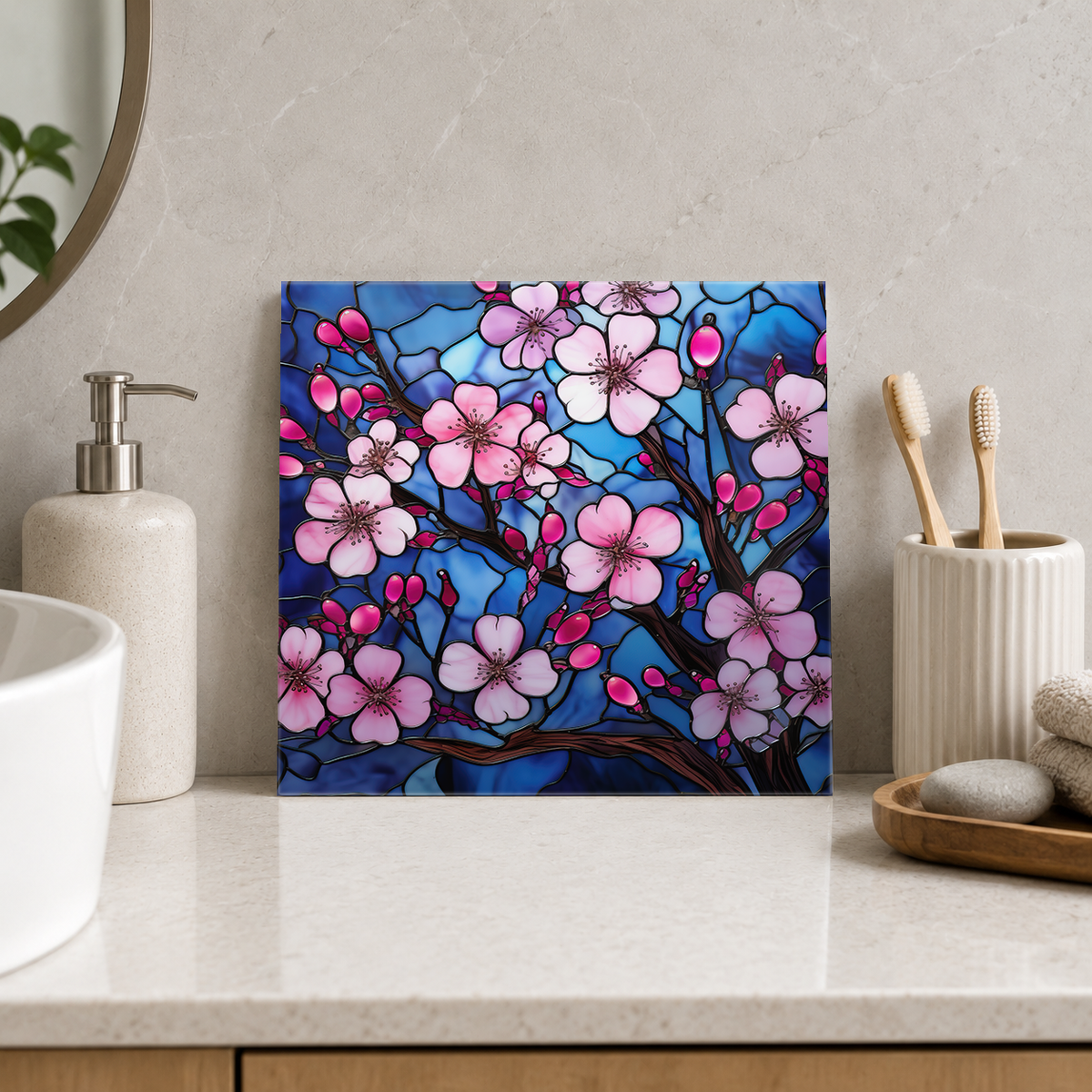 Pink Cherry Blossom Branches Tile displayed in the bathroom tile mock-up