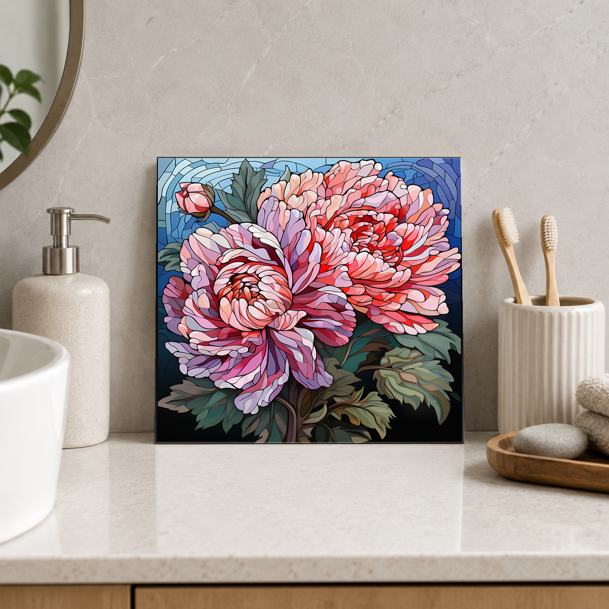 Pink Chrysanthemum Pair Tile displayed in the bathroom tile mock-up
