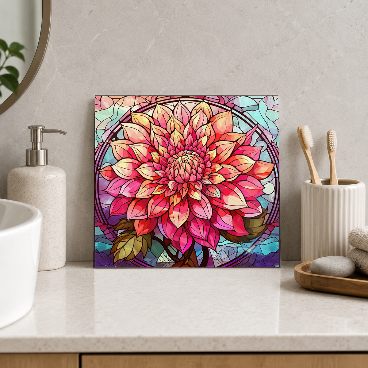 Pink Dahlia in Glass Circle Tile displayed in the bathroom tile mock-up