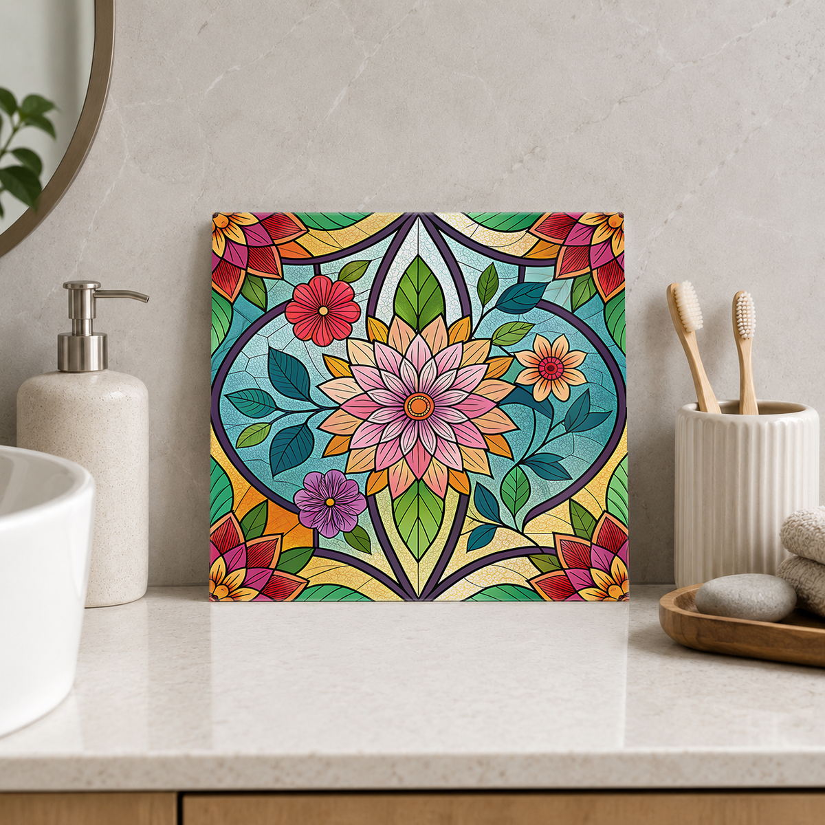 Pink Daisy and Colourful Garden Frame Tile displayed in the bathroom tile mock-up