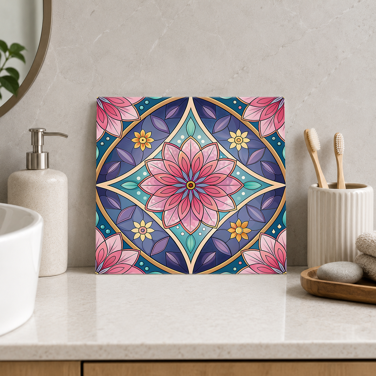 Pink Daisy in Lavender Star Frame Tile displayed in the bathroom tile mock-up
