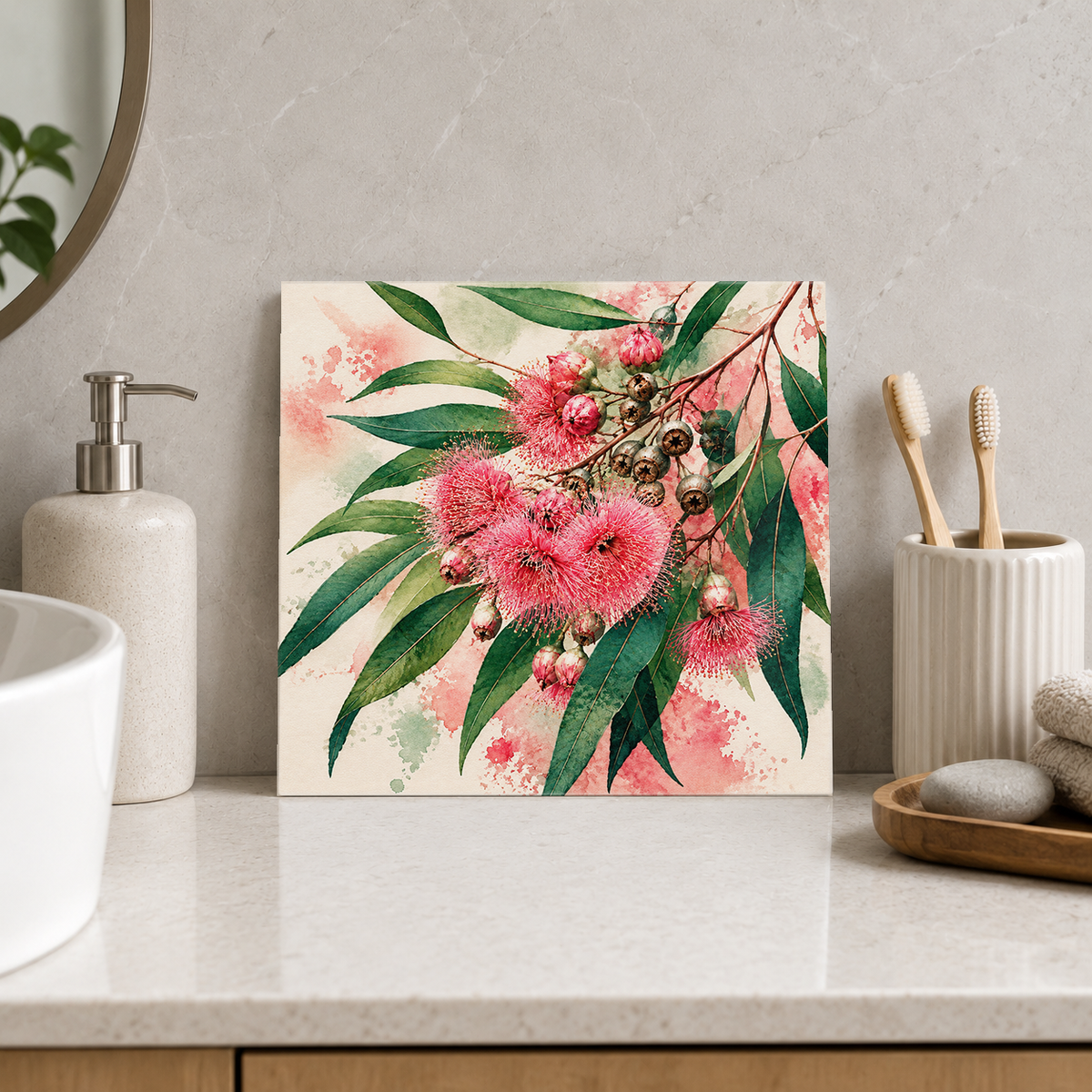 Pink Gum Blossom ceramic decorative tile in Pop Color, shown in a room mockup