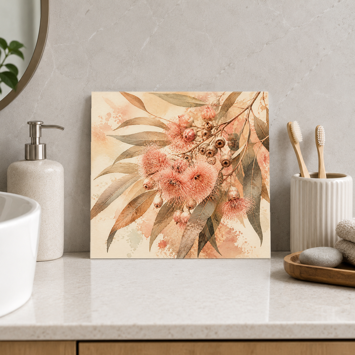 Pink Gum Blossom ceramic decorative tile in Warm Country, shown in a room mockup