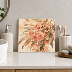 Pink Gum Blossom ceramic decorative tile in Warm Country, shown in a room mockup