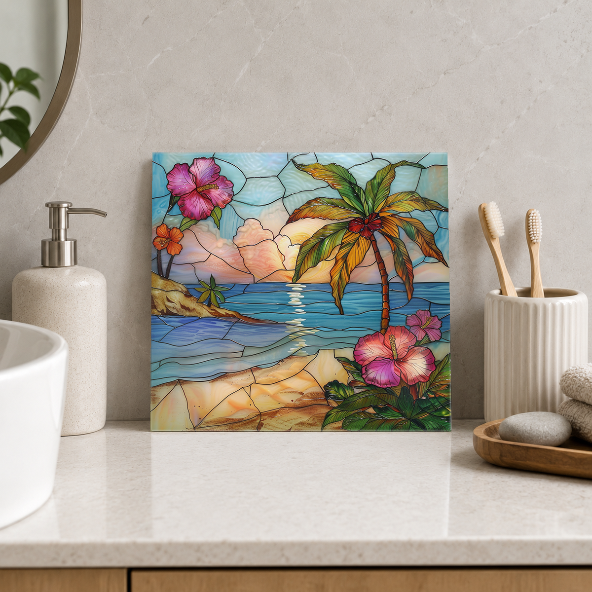 Pink Hibiscus and Leaning Palm Tile displayed in the bathroom tile mock-up