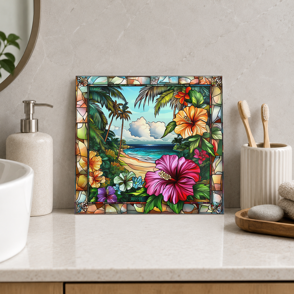 Pink Hibiscus and Palm Framed Beach Tile displayed in the bathroom tile mock-up