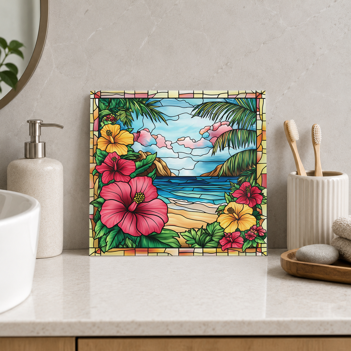 Pink Hibiscus and Yellow Flowers by Shore Tile displayed in the bathroom tile mock-up