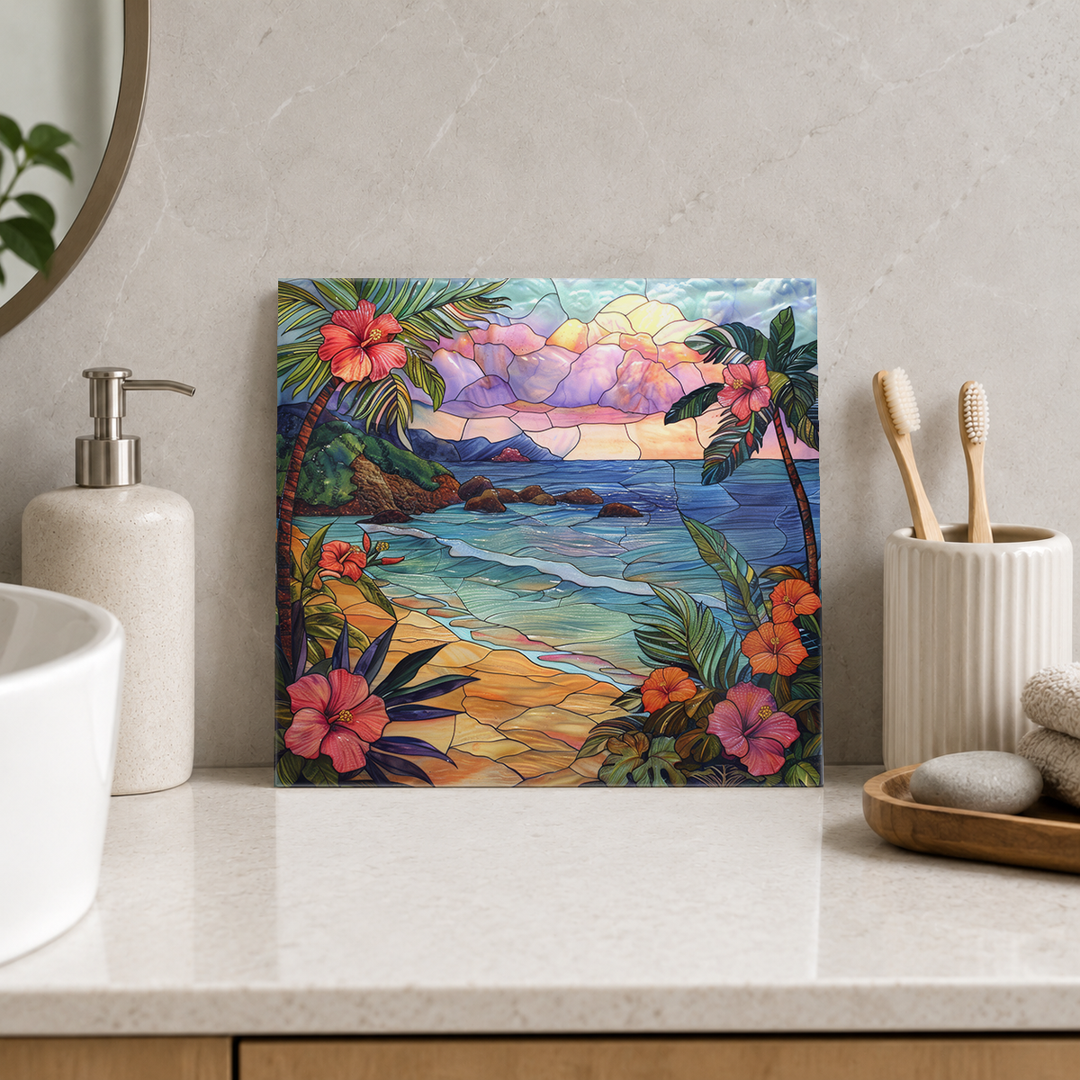 Pink Hibiscus around Pastel Island Cove Tile displayed in the bathroom tile mock-up