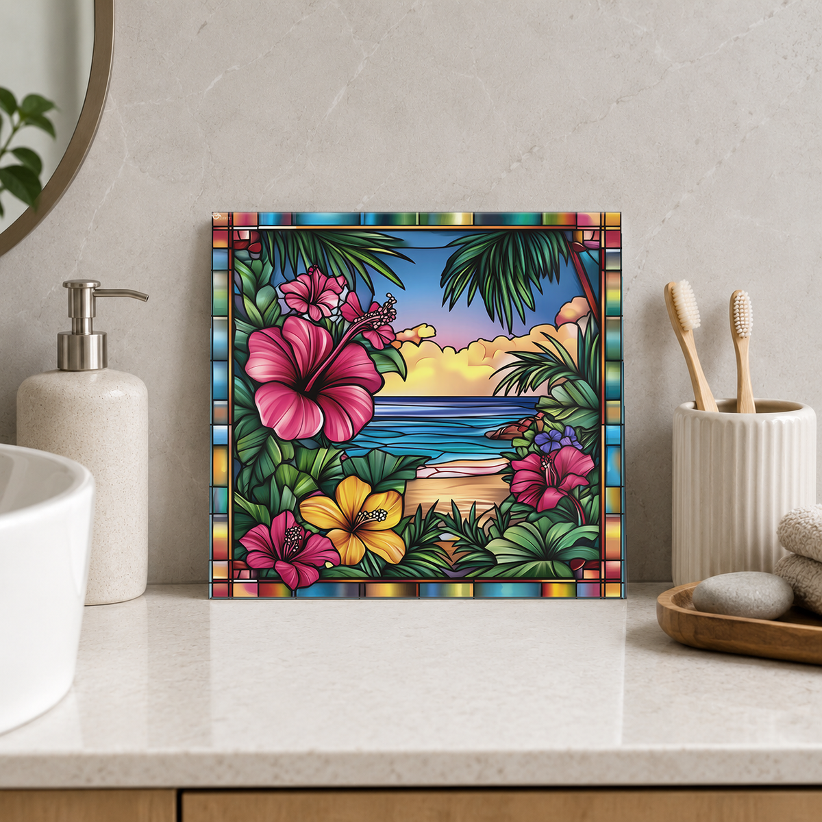 Pink Hibiscus beside Calm Sunset Sea Tile displayed in the bathroom tile mock-up