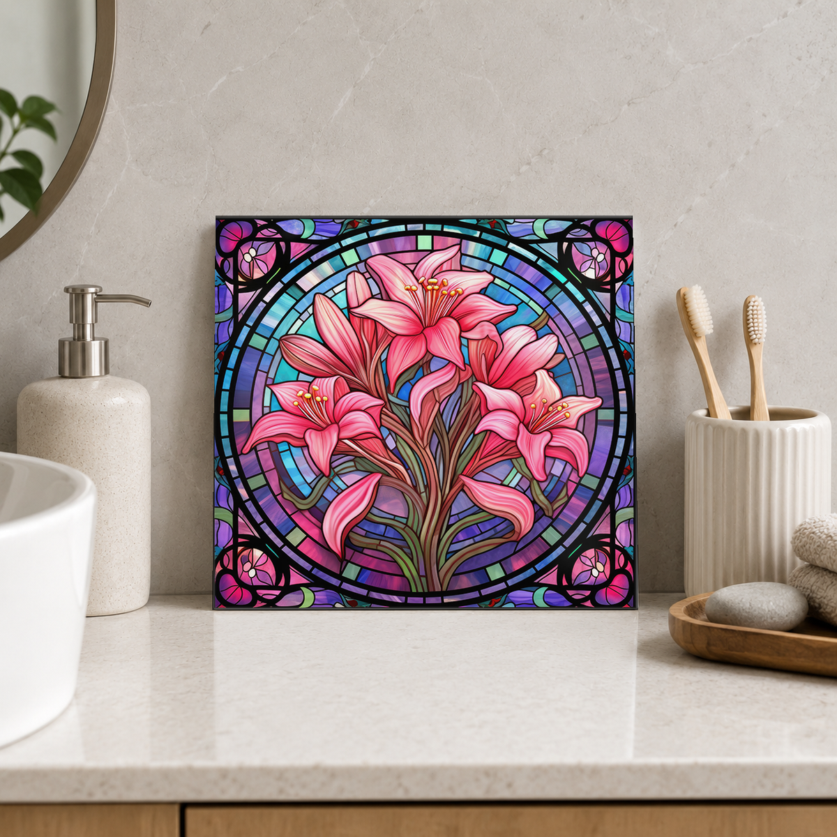 Pink Lilies in Violet Circular Frame Tile displayed in the bathroom tile mock-up