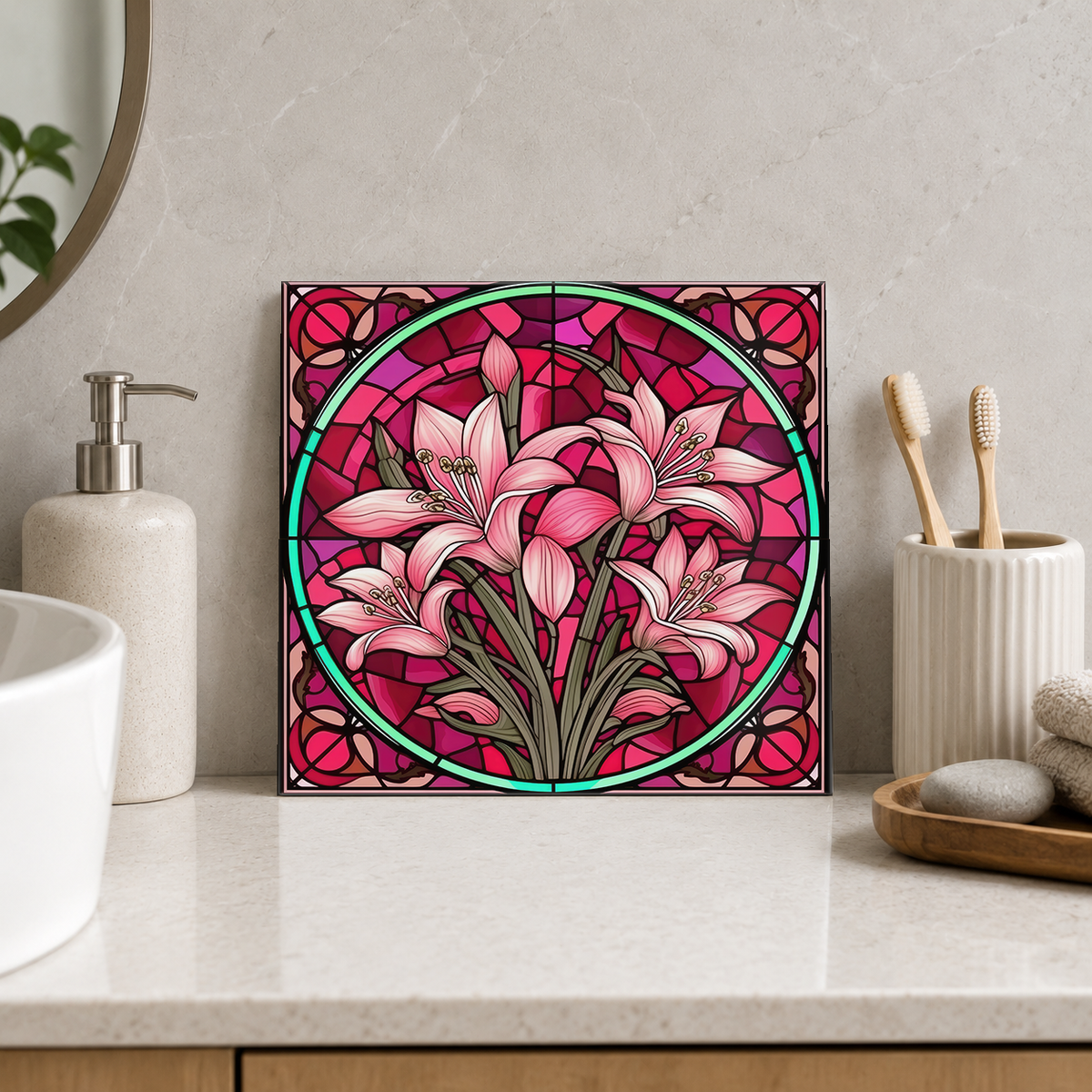 Pink Lily Bouquet in Rose Circle Tile displayed in the bathroom tile mock-up