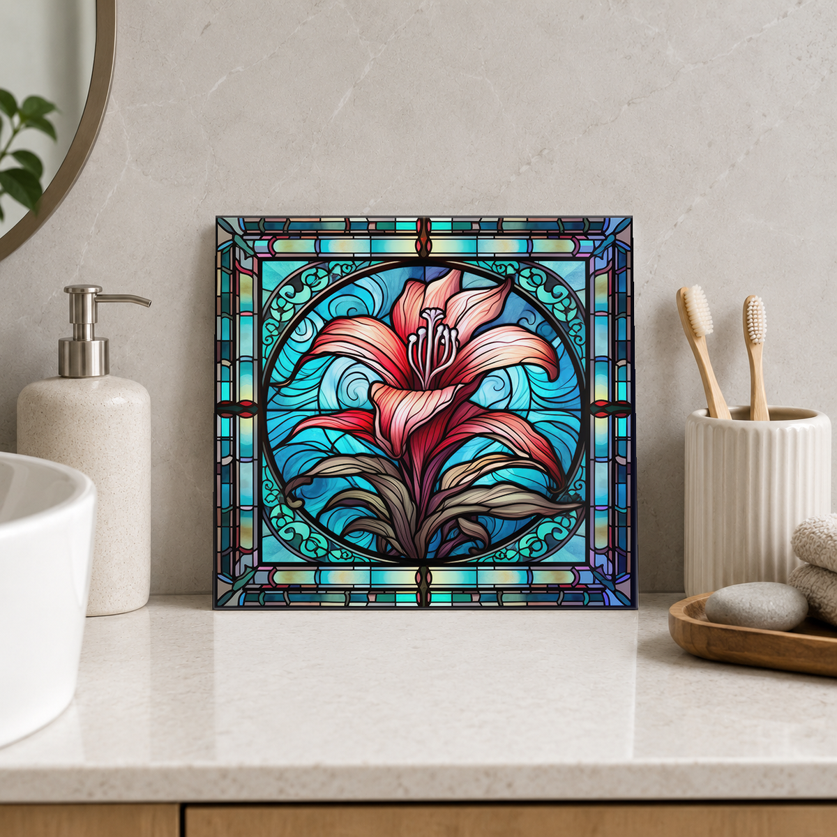 Pink Lily on Turquoise Tile displayed in the bathroom tile mock-up