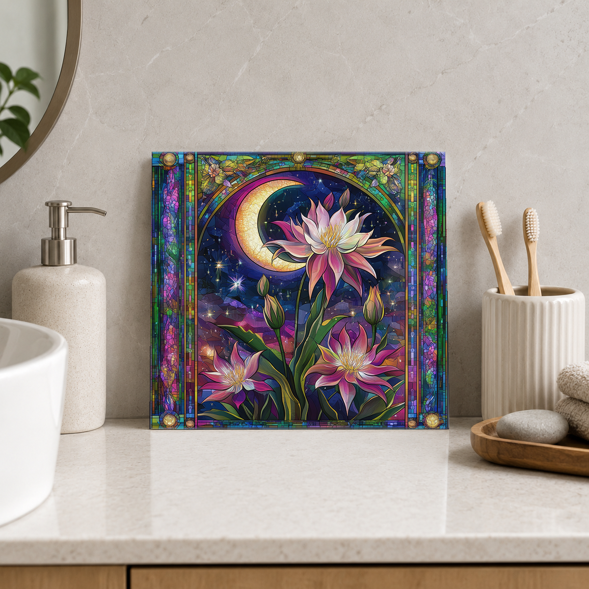 Pink Lotus and Golden Crescent Tile displayed in the bathroom tile mock-up
