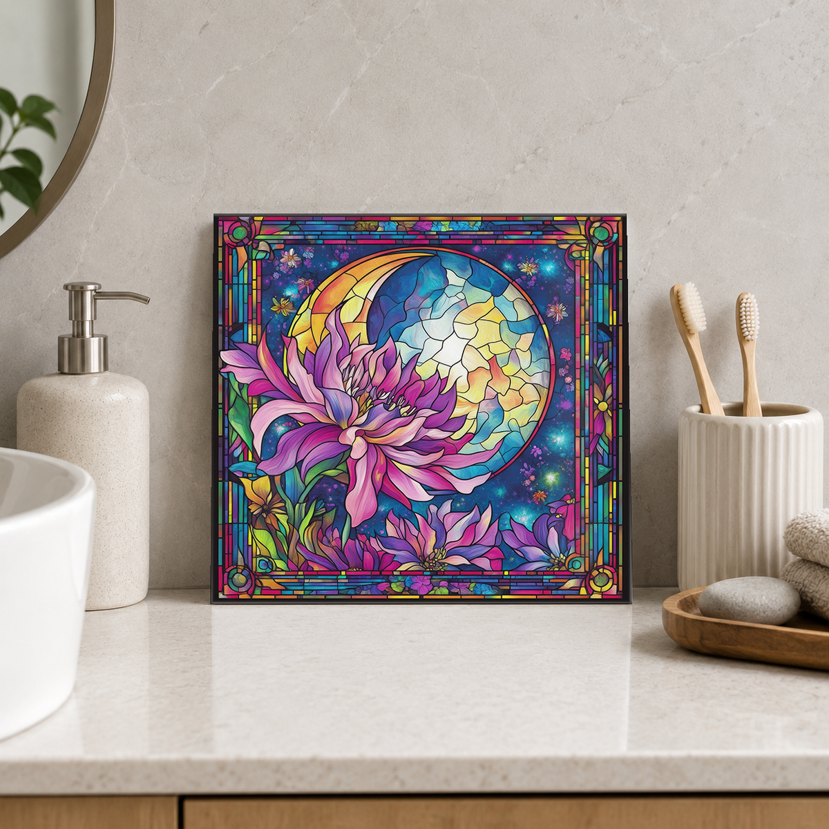 Pink Lotus and Mosaic Moon Tile displayed in the bathroom tile mock-up