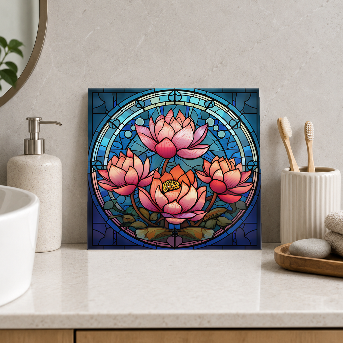 Pink Lotus Flowers in Blue Circle Tile displayed in the bathroom tile mock-up