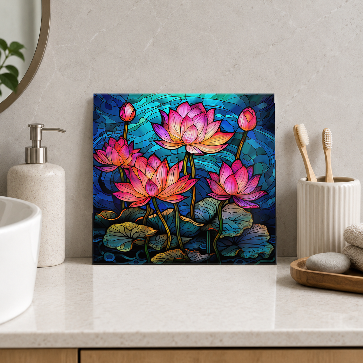 Pink Lotus Pond Tile displayed in the bathroom tile mock-up