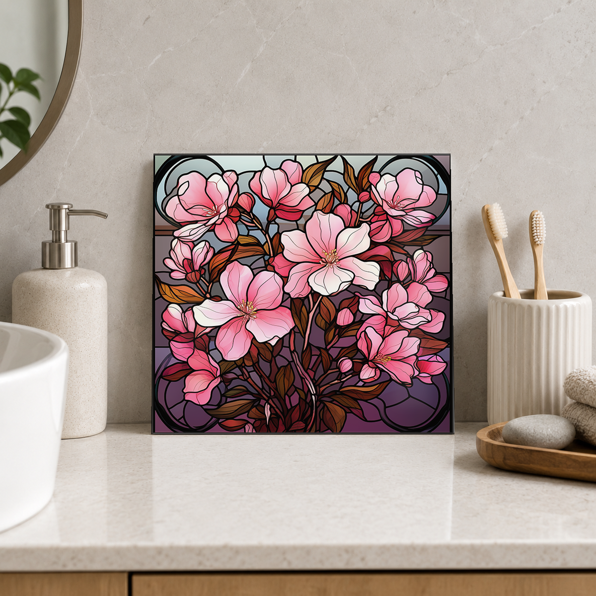 Pink Magnolia Bouquet on Dark Purple Tile displayed in the bathroom tile mock-up