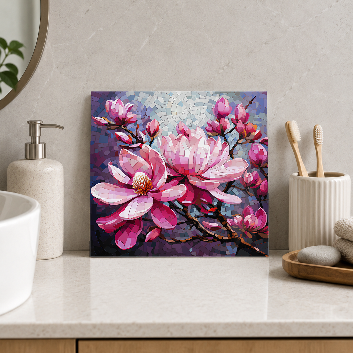 Pink Magnolia Branch Tile displayed in the bathroom tile mock-up