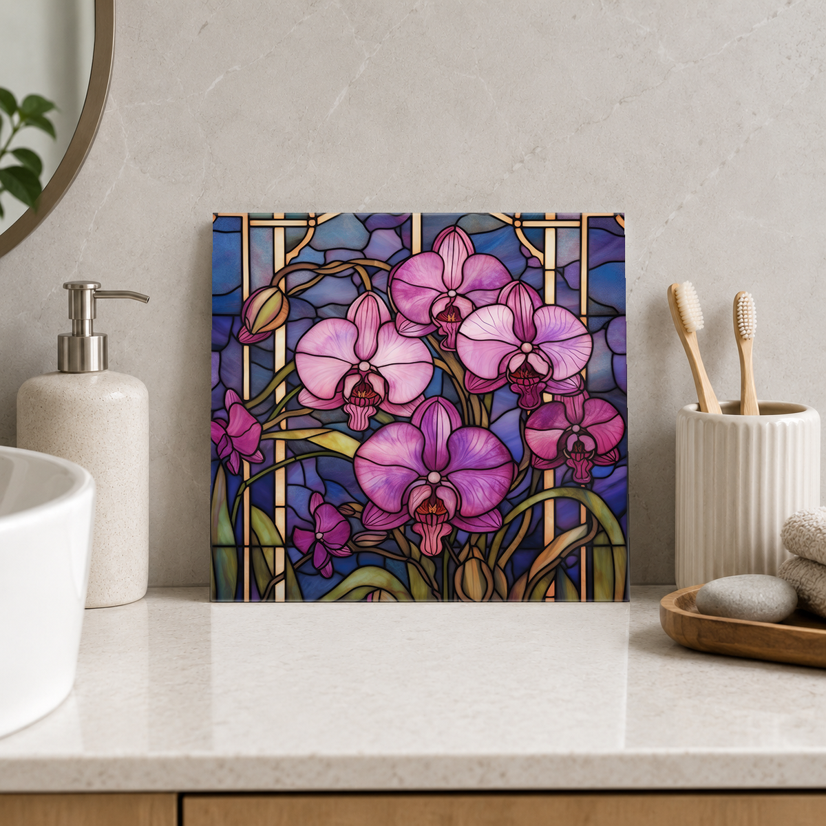 Pink Orchid Cluster in Gold Frame Tile displayed in the bathroom tile mock-up