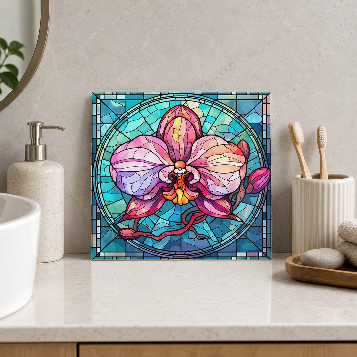 Pink Orchid in Turquoise Medallion Tile displayed in the bathroom tile mock-up