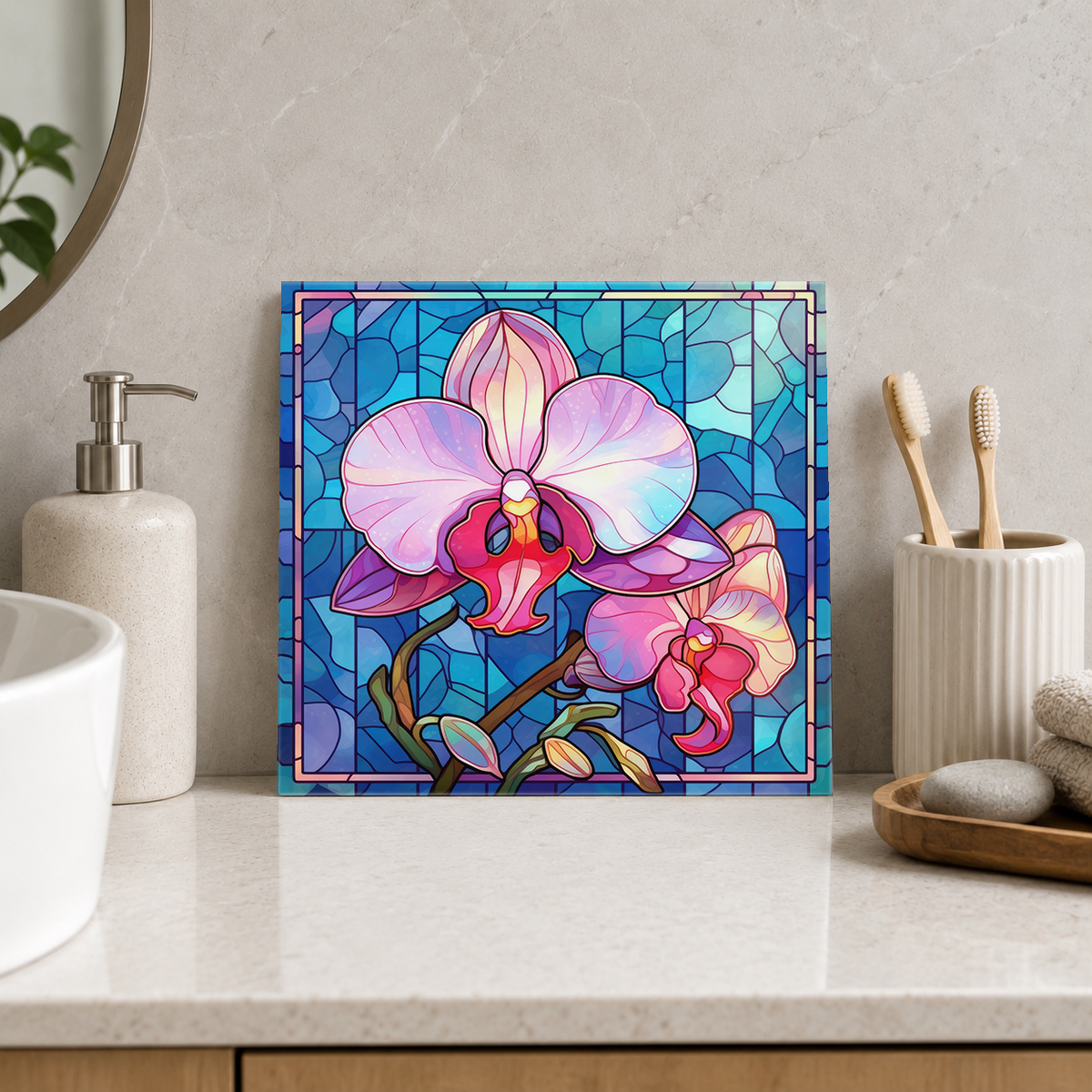 Pink Orchid Pair on Blue Tile displayed in the bathroom tile mock-up