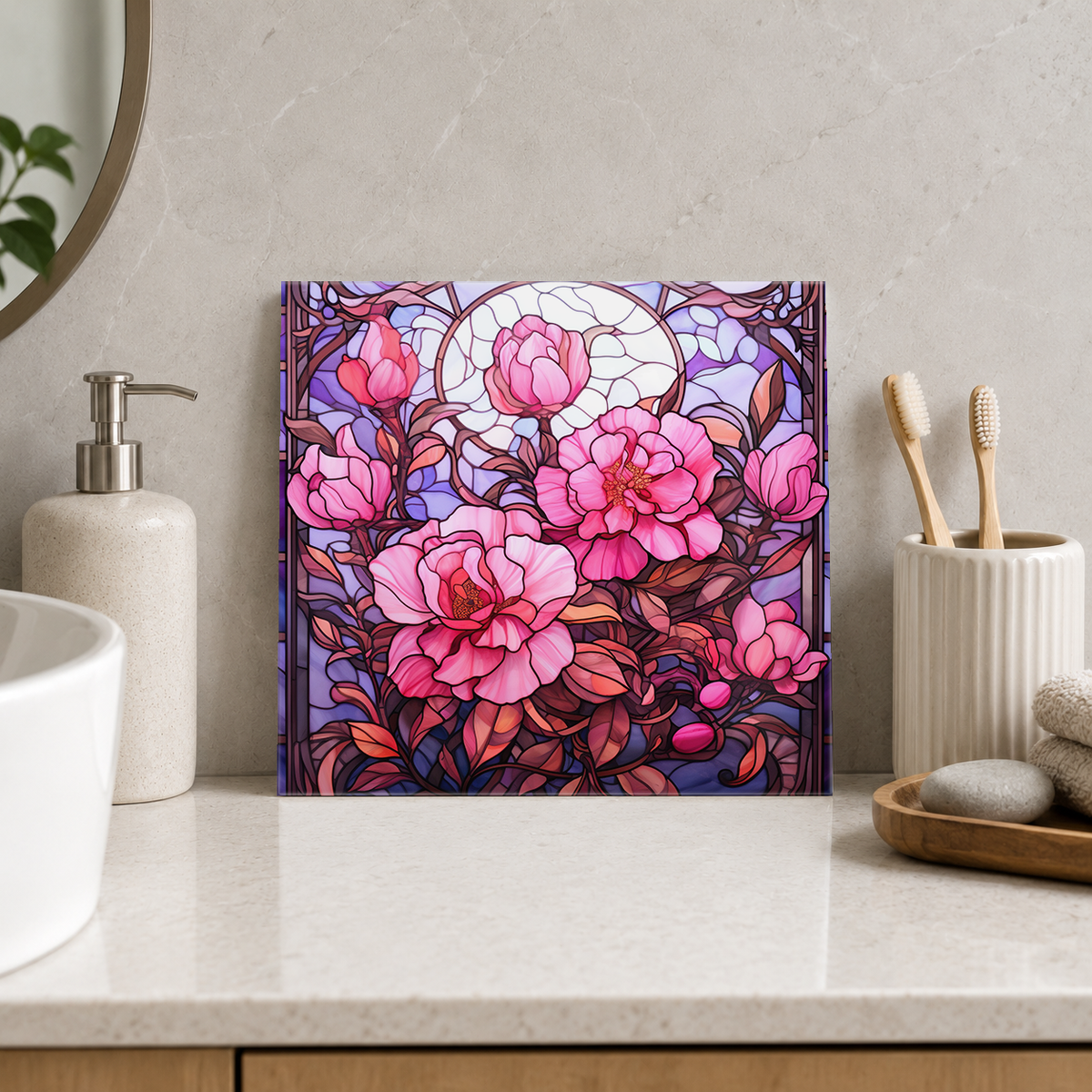 Pink Peonies in Moonlit Arch Tile displayed in the bathroom tile mock-up