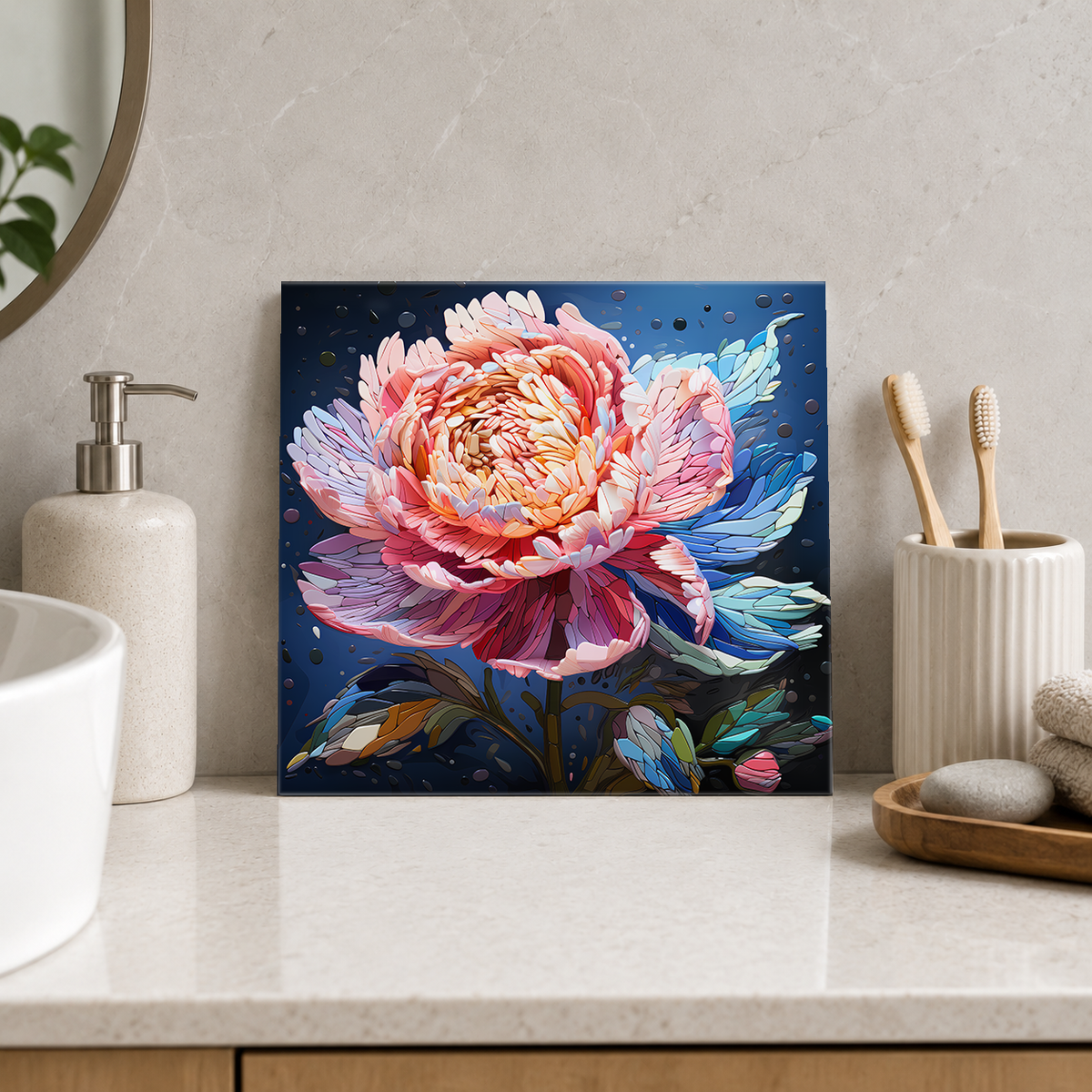 Pink Peony against Midnight Blue Tile displayed in the bathroom tile mock-up