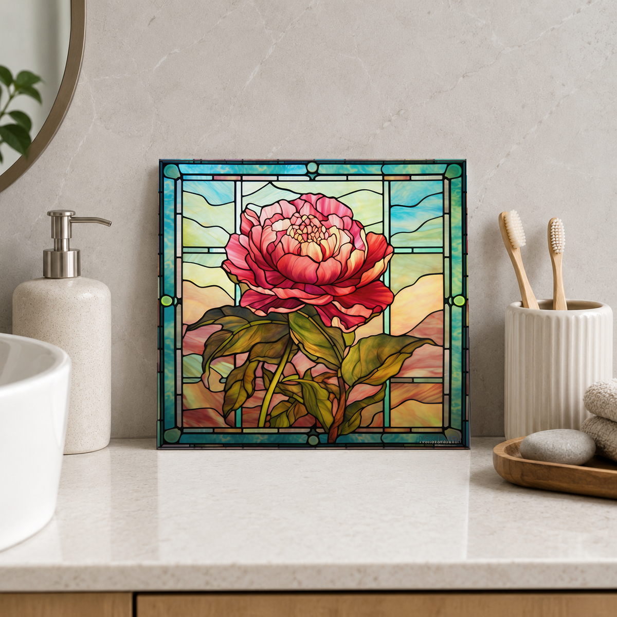 Pink Peony against Pastel Landscape Tile displayed in the bathroom tile mock-up