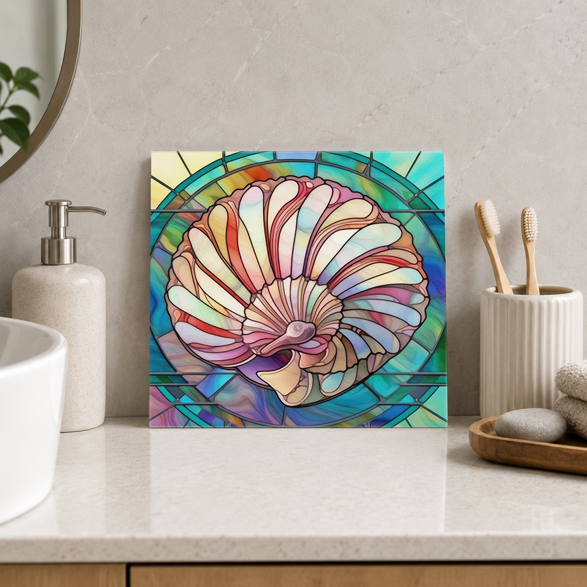 Pink Shell in Turquoise Circle Tile displayed in the bathroom tile mock-up