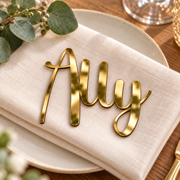 Ally in Creativenotes font, Mirror Gold Acrylic personalised guest name on an ivory napkin.