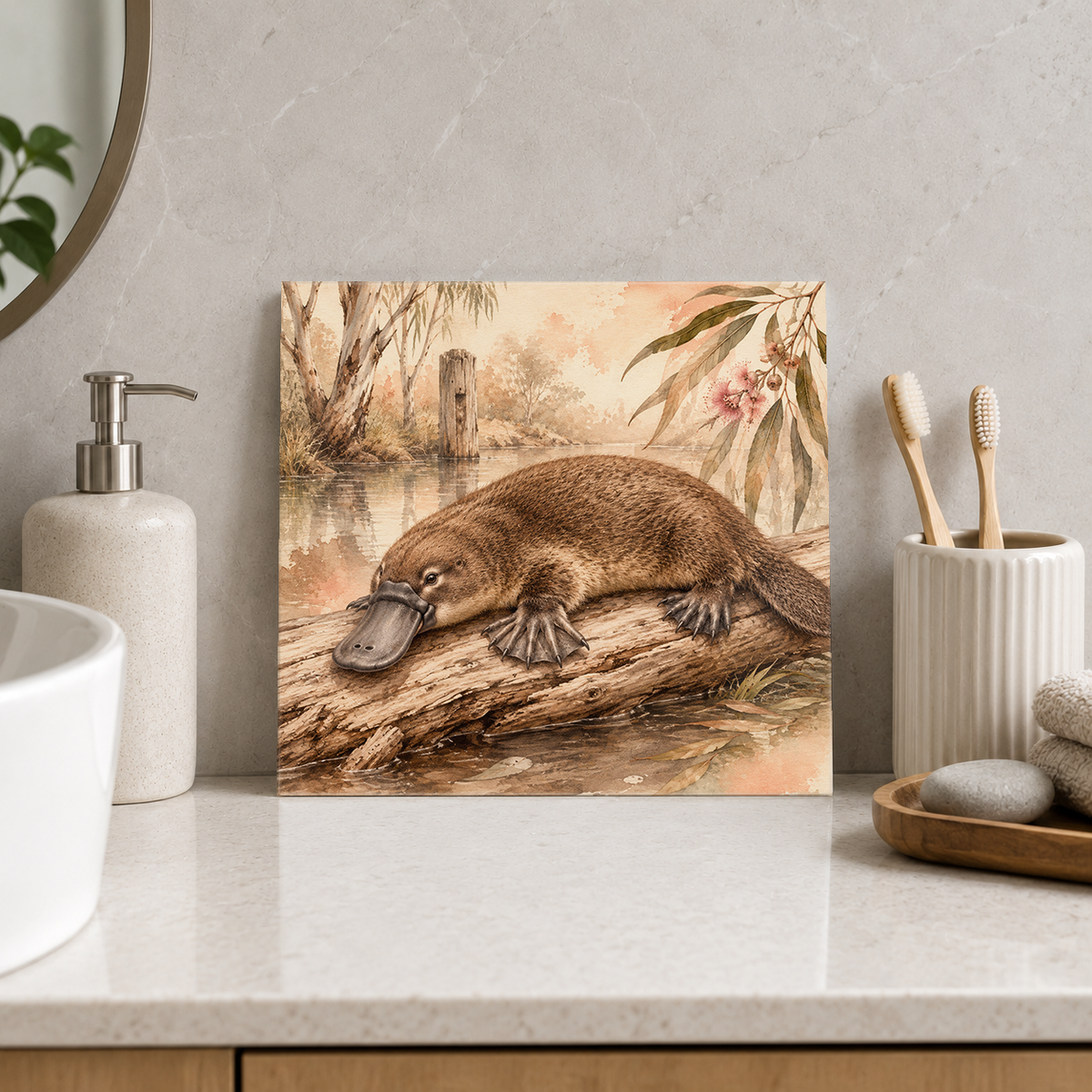 Platypus by the Creek ceramic decorative tile in Warm Country, shown in a room mockup