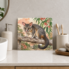 Possum on the Country Perch ceramic decorative tile in Pop Color, shown in a room mockup