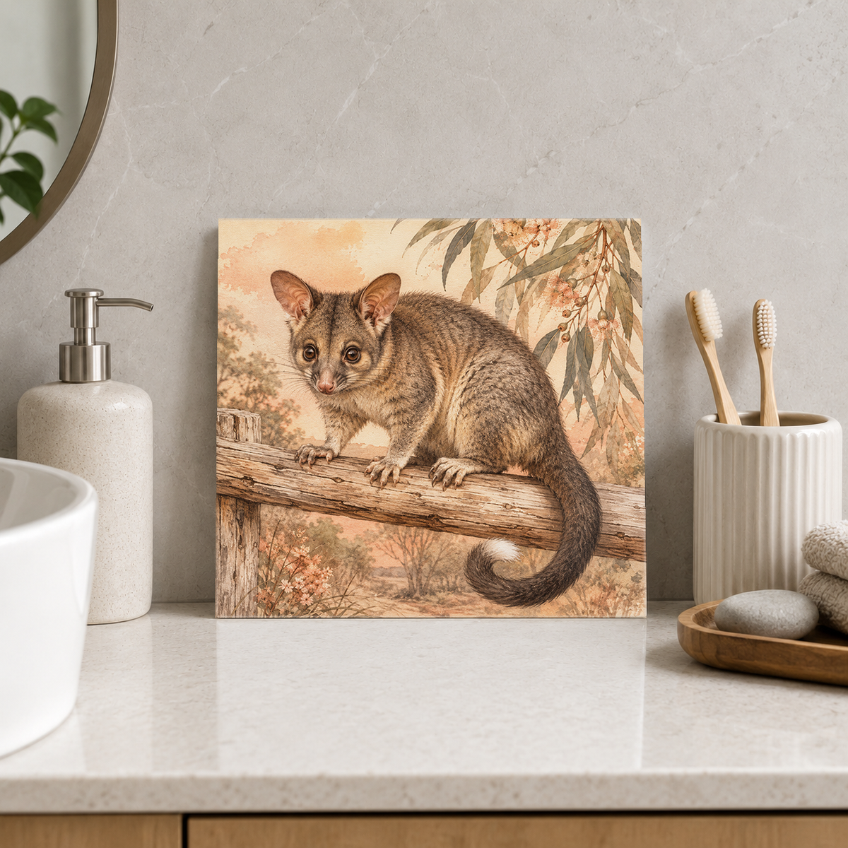 Possum on the Country Perch ceramic decorative tile in Warm Country, shown in a room mockup