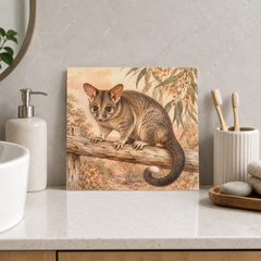 Possum on the Country Perch ceramic decorative tile in Warm Country, shown in a room mockup