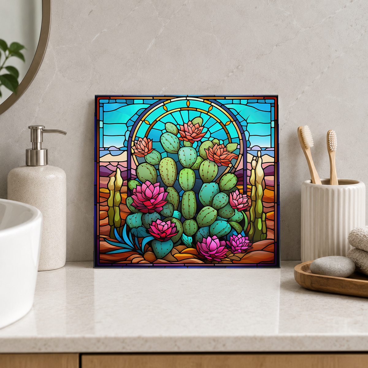 Prickly Pear Flowers in Desert Arch Tile displayed in the bathroom tile mock-up