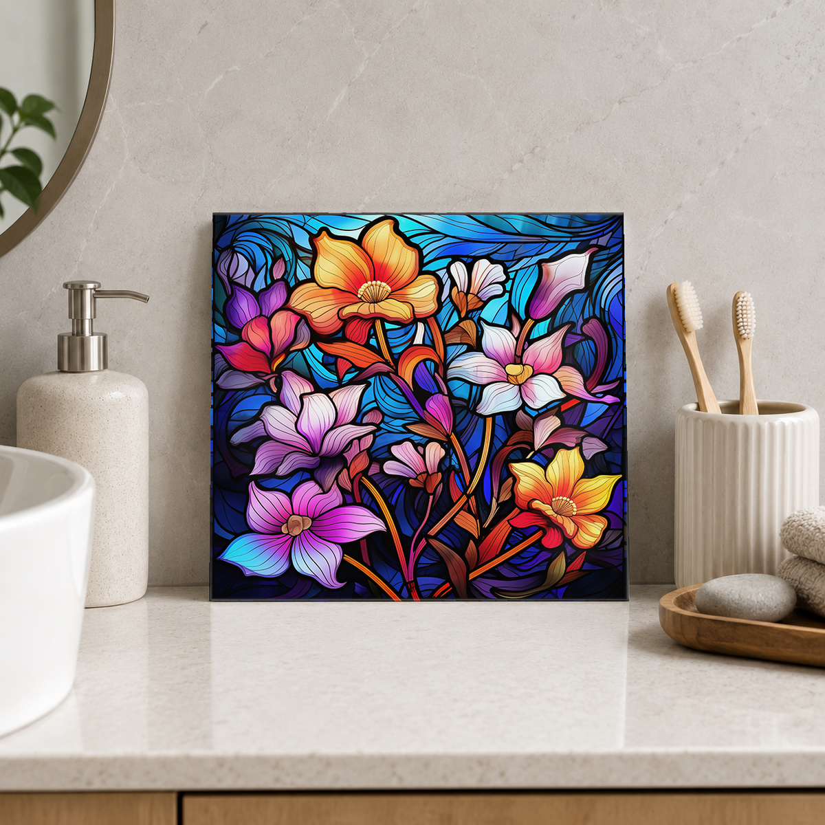 Purple and Orange Freesia Bouquet Tile displayed in the bathroom tile mock-up