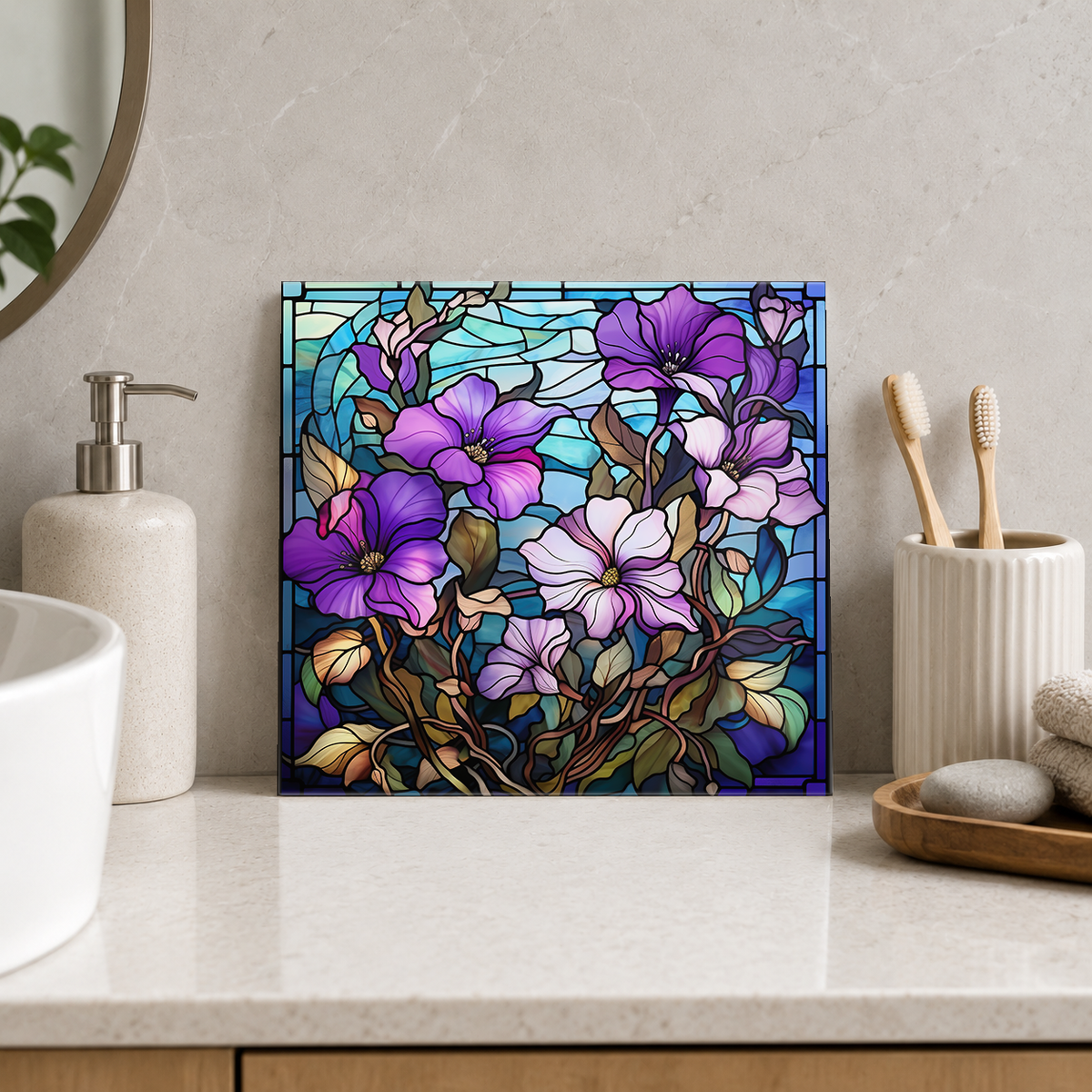 Purple and White Flowering Branch Tile displayed in the bathroom tile mock-up