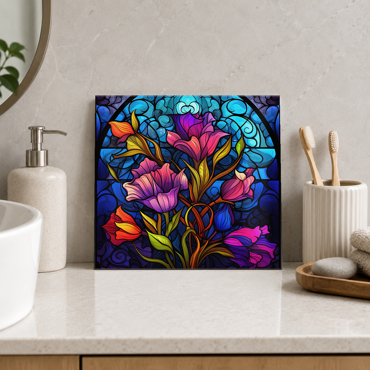 Purple Flowers on Deep Blue Tile displayed in the bathroom tile mock-up