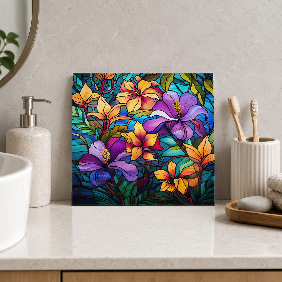 Purple Hibiscus and Golden Flowers Tile displayed in the bathroom tile mock-up