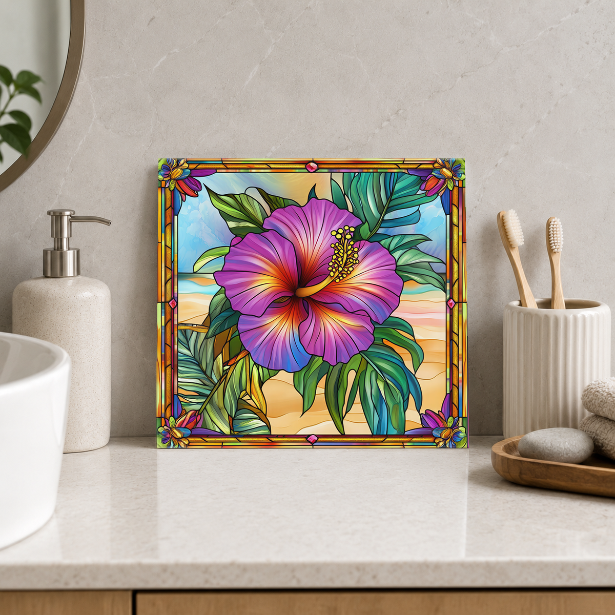 Purple Hibiscus in Tropical Frame Tile displayed in the bathroom tile mock-up