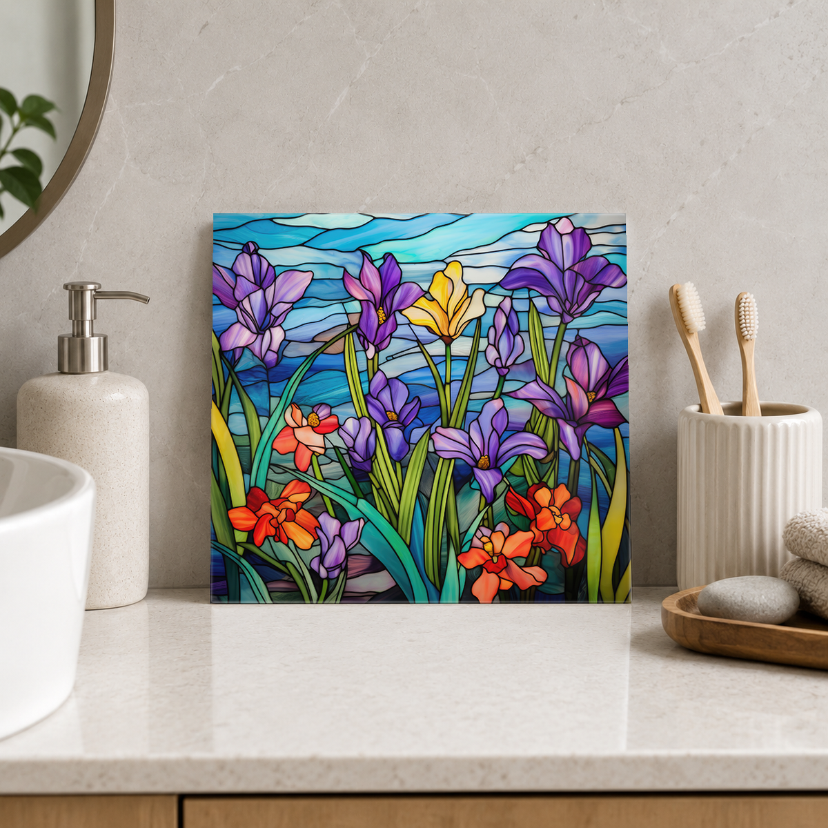 Purple Irises and Orange Wildflowers Tile displayed in the bathroom tile mock-up