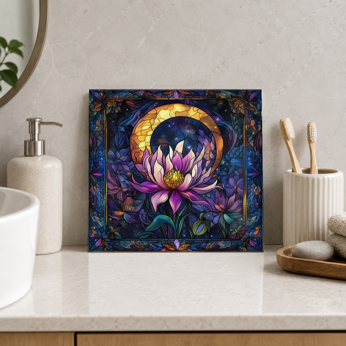 Purple Lotus beneath Amber Crescent Tile displayed in the bathroom tile mock-up