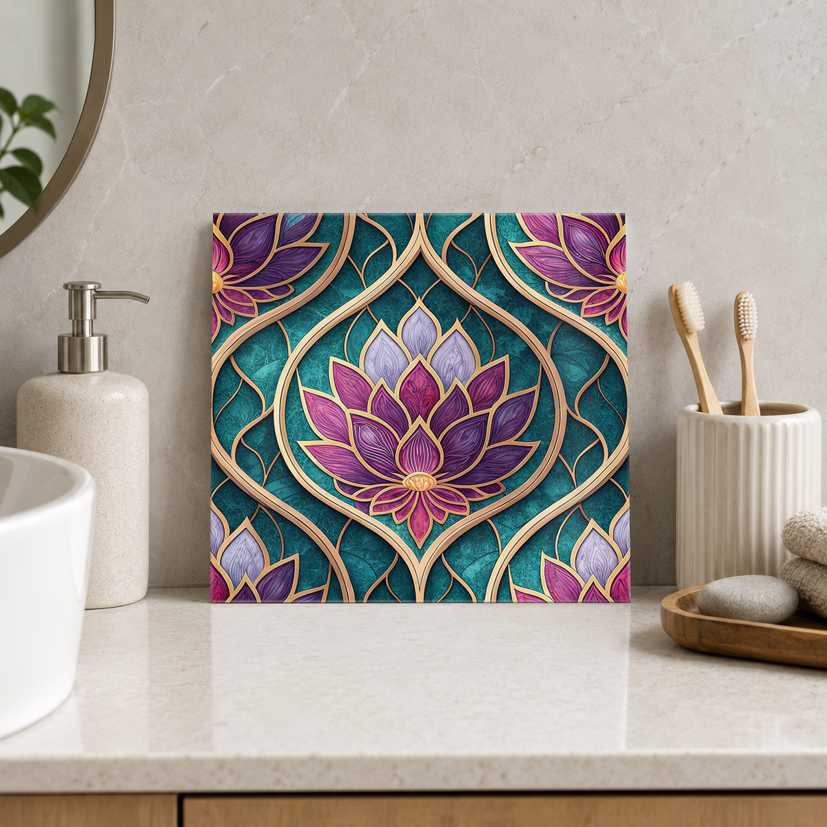 Purple Lotus on Teal Tile displayed in the bathroom tile mock-up
