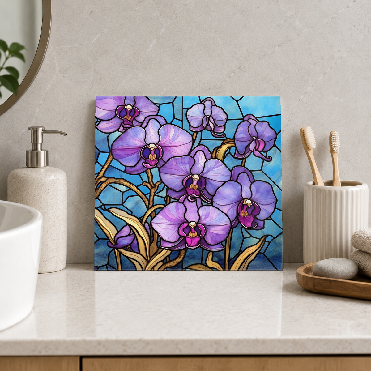 Purple Orchid Branch on Blue Tile displayed in the bathroom tile mock-up